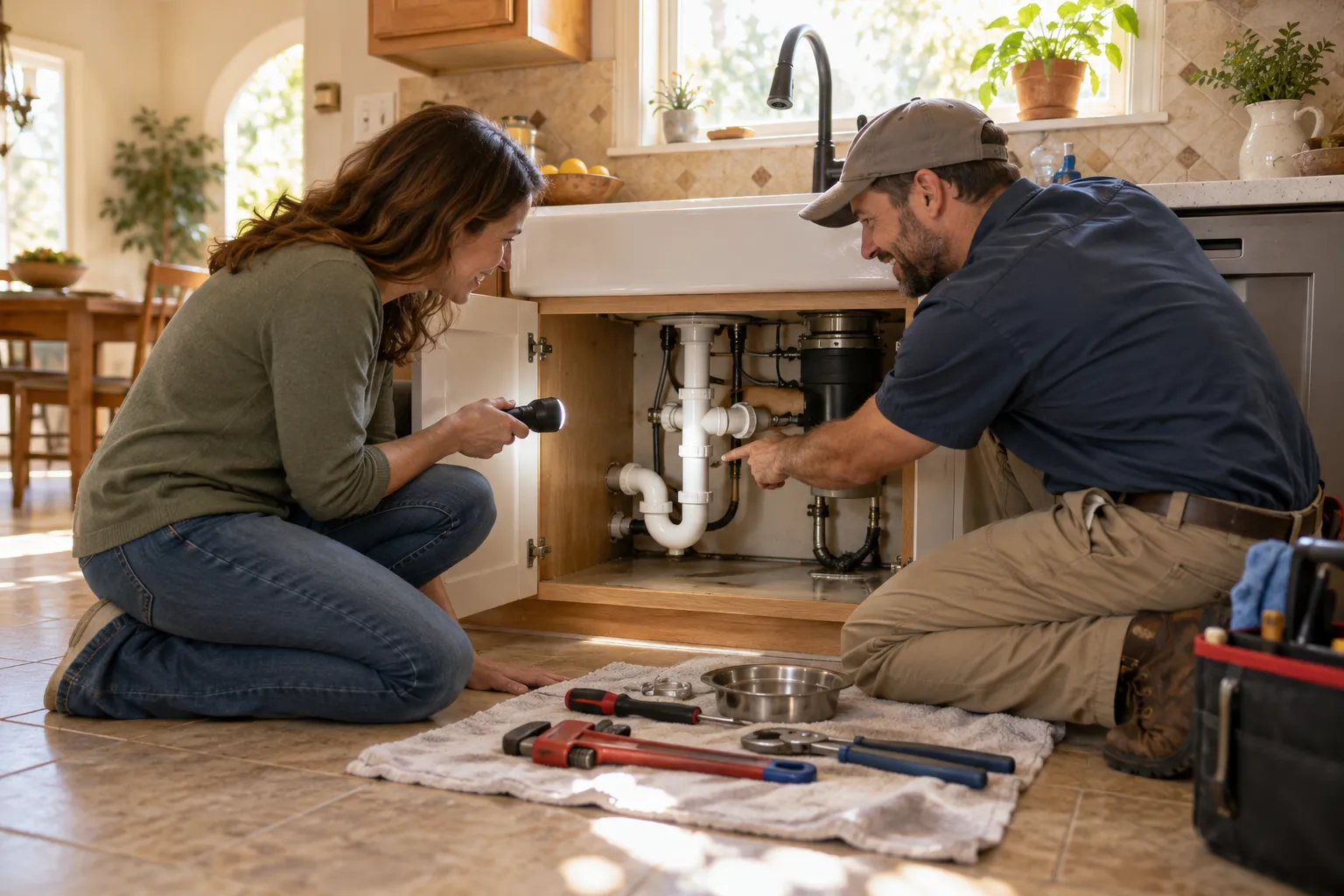 A homeowner in Long Beach checking under a kitchen sink with a flashlight